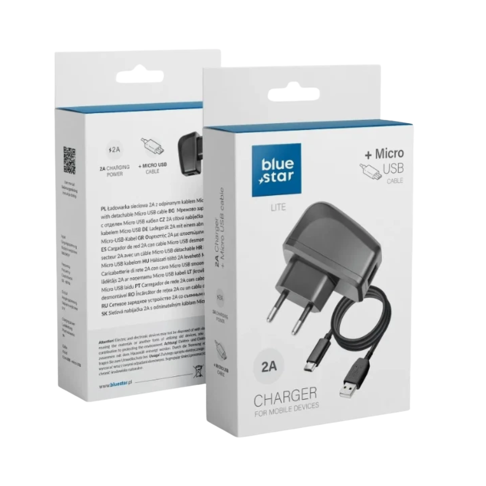 BLUE STAR LITE Cargador micro USB 5V 2A ⋆ Cable 1 m negro ⋆ Envío desde España