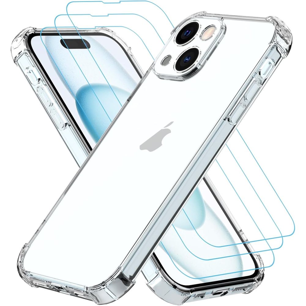 Pack Funda compatible con iPhone 15 Plus transparente con esquinas reforzadas + 3 cristales templados ⋆ Envío desde España