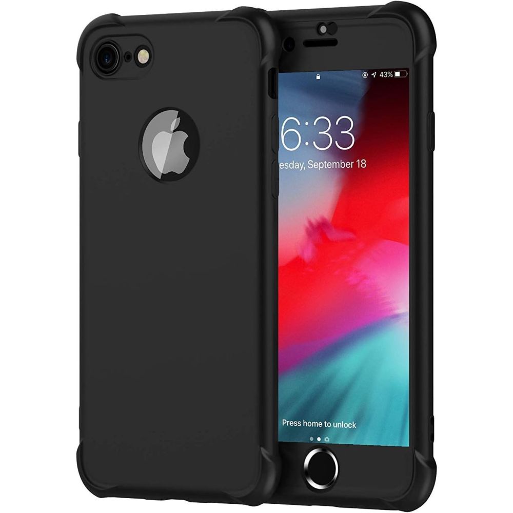Funda compatible con iPhone 7 / 8 ⋆ Carcasa 360° con doble protector de pantalla ⋆ Silicona + PC ⋆ Color negro