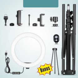 Aro de luz LED 10" con trípode 49–180 cm ⋆ 3 colores ⋆ 10 niveles de brillo ⋆ Mando Bluetooth