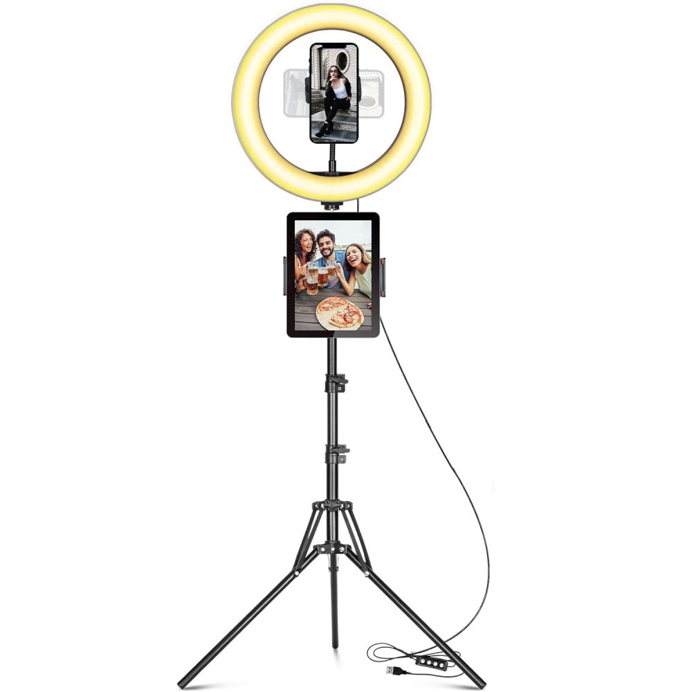 Aro de luz LED 10" con trípode 49–180 cm ⋆ 3 colores ⋆ 10 niveles de brillo ⋆ Mando Bluetooth