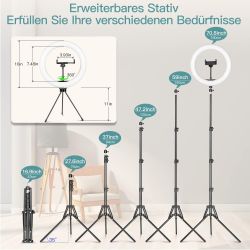 Aro de luz LED 10" con trípode 49–180 cm ⋆ 3 colores ⋆ 10 niveles de brillo ⋆ Mando Bluetooth