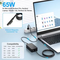 Cargador compatible 65W para Microsoft Surface ⋆ Adaptador de corriente con puerto USB ⋆ Pro / Laptop / Go