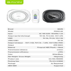 BAVIN 5 en 1 Cargador inalámbrico QI Dock Base de carga rápida 45W + Hub tipo C y 3 USB PC-832