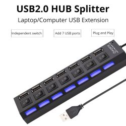 Adaptador HUB 7 puertos USB 2.0 * Portátil para PC * Con interruptores individuales y luces LED