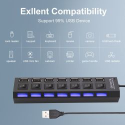 Adaptador HUB 7 puertos USB 2.0 * Portátil para PC * Con interruptores individuales y luces LED