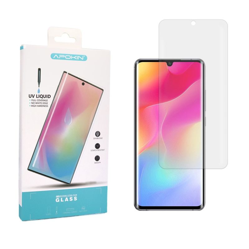 Protector de pantalla compatible con XIAOMI MI NOTE 10 LITE * Cristal templado curvo * Pegamento luz lámpara UV